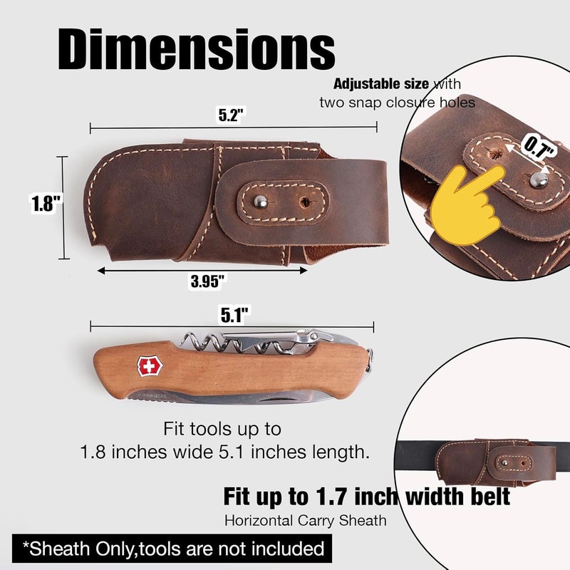 topstache Leather Pocket Knife Sheath - Belt Loop EDC Belt Organizer - Horizontal Carry Knife Holder- Multitool Sheath with Two Snap Closure for Folding Knife, Darkbrown - Image 3